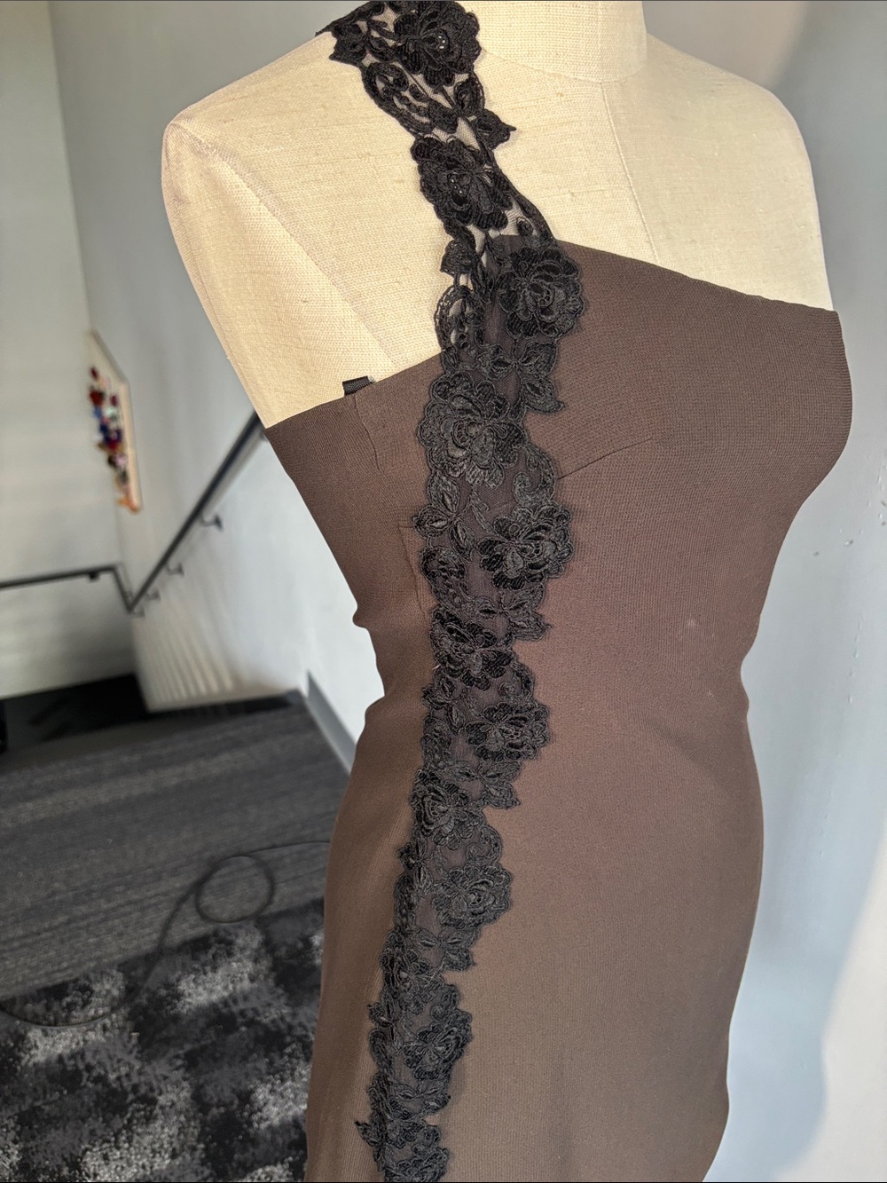 One-Shoulder Brown Dress with Black Floral Appliqué